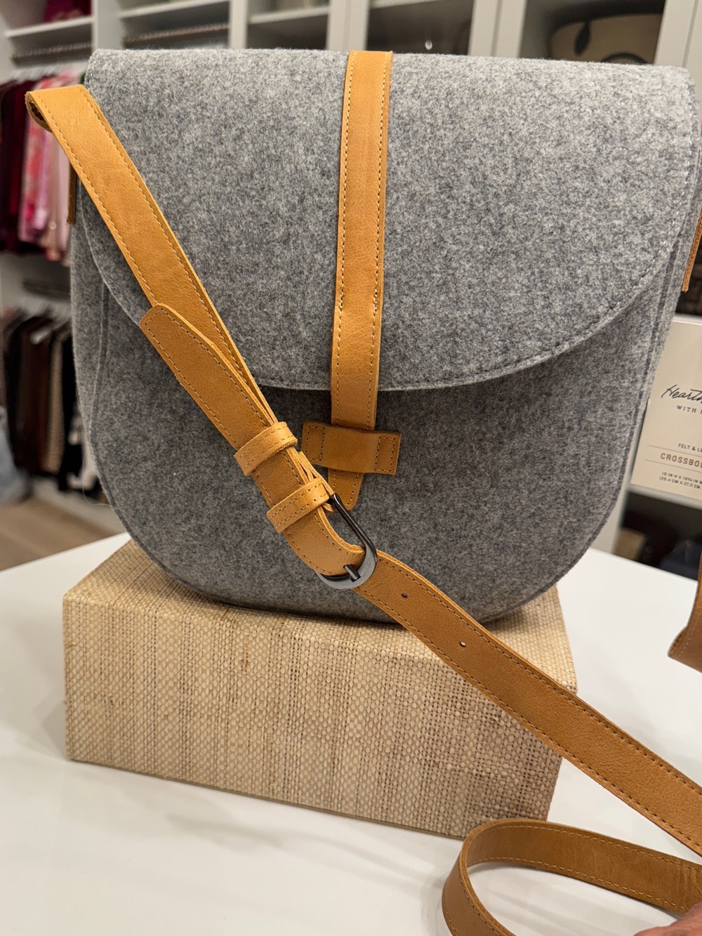 Magnolia 
Gray Felt Crossbody Bag with Tan Leather Trim